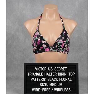 Victoria's Secret Butterfly Floral Bikini Top Medium Black Pink Halter Push Up